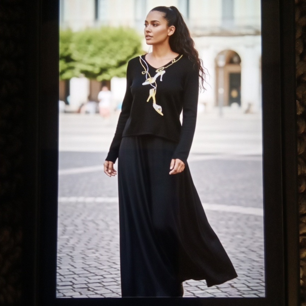 Michael Simon Black Long Sleeve Top with Shoe Embellishments Quiet Luxury